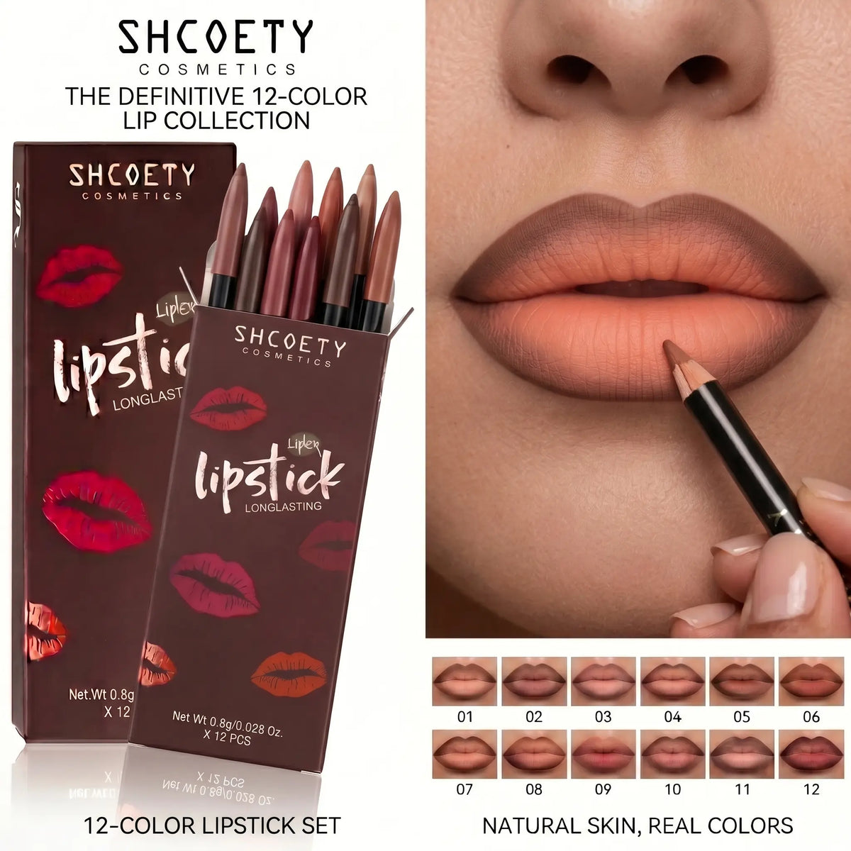 12-Shade Precision Ombré Lip Liner Set Waterproof Smudge-Proof Transfer-Proof Ultra Creamy Matte Lip Pencil Pack with Shade Formula Guide - 3D Plumping Lip Contour Combo for Dark Skin & All Skin Tones - Nude Mauve Brown Makeup Gift