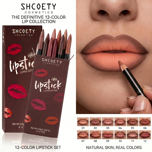 12-Shade Precision Ombré Lip Liner Set Waterproof Smudge-Proof Transfer-Proof Ultra Creamy Matte Lip Pencil Pack with Shade Formula Guide - 3D Plumping Lip Contour Combo for Dark Skin & All Skin Tones - Nude Mauve Brown Makeup Gift