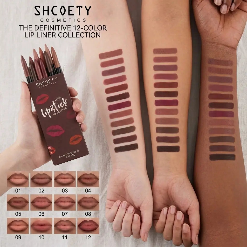 12-Shade Precision Ombré Lip Liner Set Waterproof Smudge-Proof Transfer-Proof Ultra Creamy Matte Lip Pencil Pack with Shade Formula Guide - 3D Plumping Lip Contour Combo for Dark Skin & All Skin Tones - Nude Mauve Brown Makeup Gift