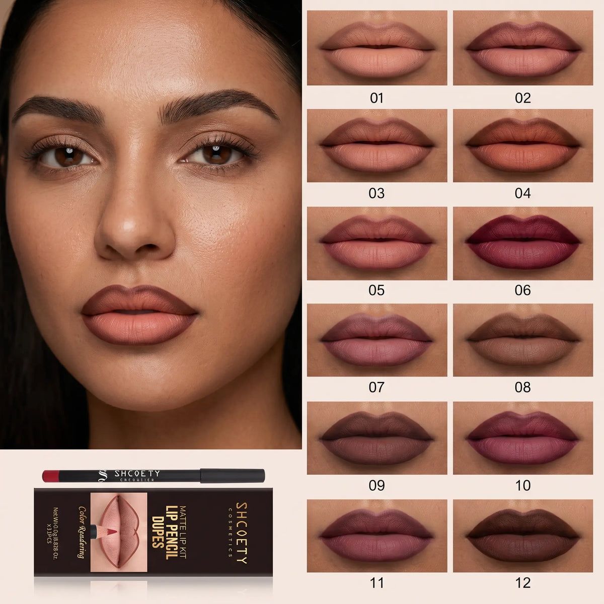12-Shade Precision Ombré Lip Liner Set Waterproof Smudge-Proof Transfer-Proof Ultra Creamy Matte Lip Pencil Pack with Shade Formula Guide - 3D Plumping Lip Contour Combo for Dark Skin & All Skin Tones - Nude Mauve Brown Makeup Gift