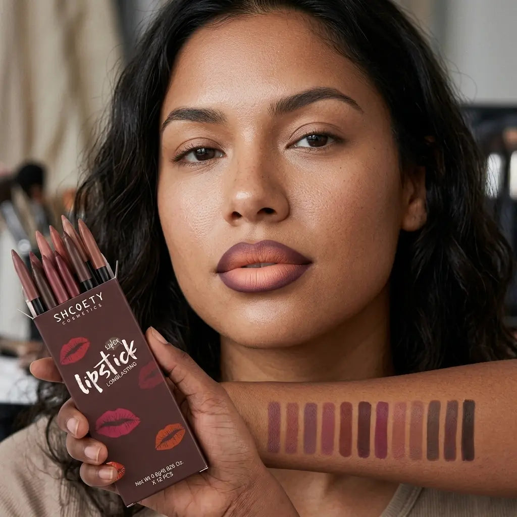 12-Shade Precision Ombré Lip Liner Set Waterproof Smudge-Proof Transfer-Proof Ultra Creamy Matte Lip Pencil Pack with Shade Formula Guide - 3D Plumping Lip Contour Combo for Dark Skin & All Skin Tones - Nude Mauve Brown Makeup Gift