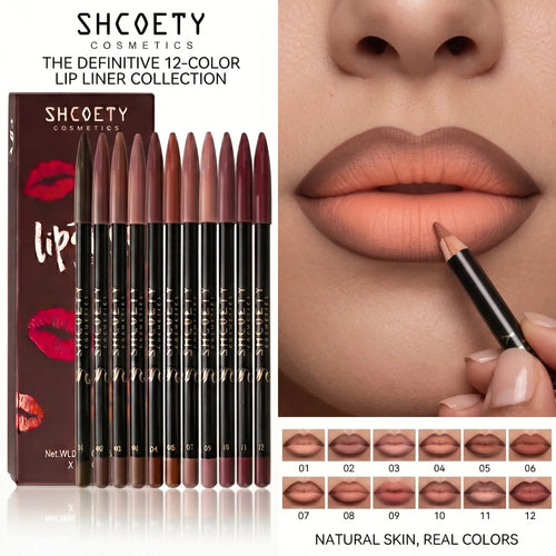 12-Shade Precision Ombré Lip Liner Set Waterproof Smudge-Proof Transfer-Proof Ultra Creamy Matte Lip Pencil Pack with Shade Formula Guide - 3D Plumping Lip Contour Combo for Dark Skin & All Skin Tones - Nude Mauve Brown Makeup Gift