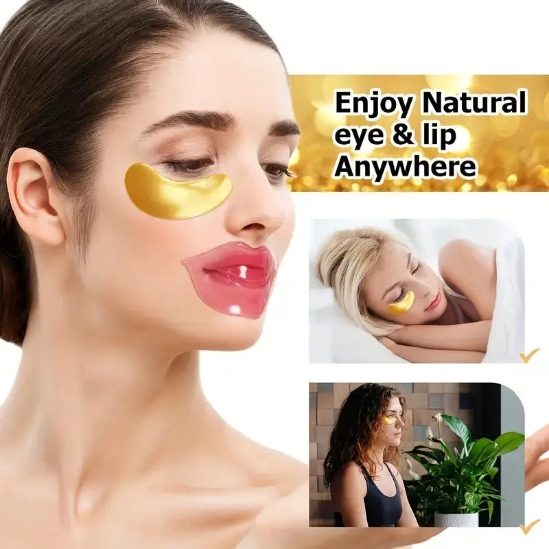 30 Pairs 24 Karat Gold Crystal Gel Collagen Skincare Set for Adults - Moisturizing Repair Firming Brightening Lip Masks & under Eye Patches for Puffy Eyes, Dark Circles, Wrinkles, Moisturizer, Collagen Powder