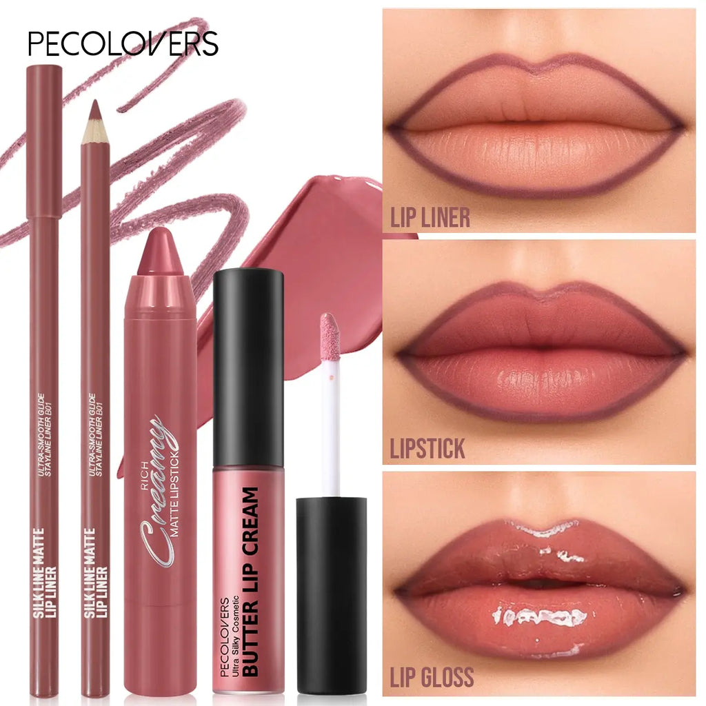 3Pcs/Set 3-In-1 Lip Color Set, Lip Kit Sets, Lip Essentials, Lip Cosmetic, Lip Liner, Creamy Lipstick and High Shine Lip Gloss, Long-Lasting & Non-Sticky Non-Fading