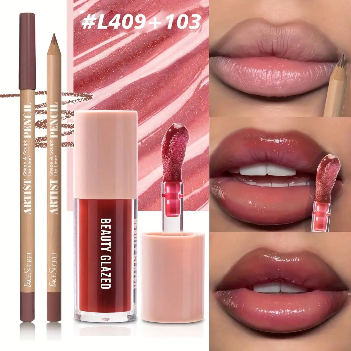Beauty Glazed 2Pcs/Set Velvet Texture Lip Makeup Set - Lip Liner - Lip Glaze - Waterproof Long-Lasting Matte Effect, Red, Brown, Create Moisturizing Natural Lip Makeup Lip Combo