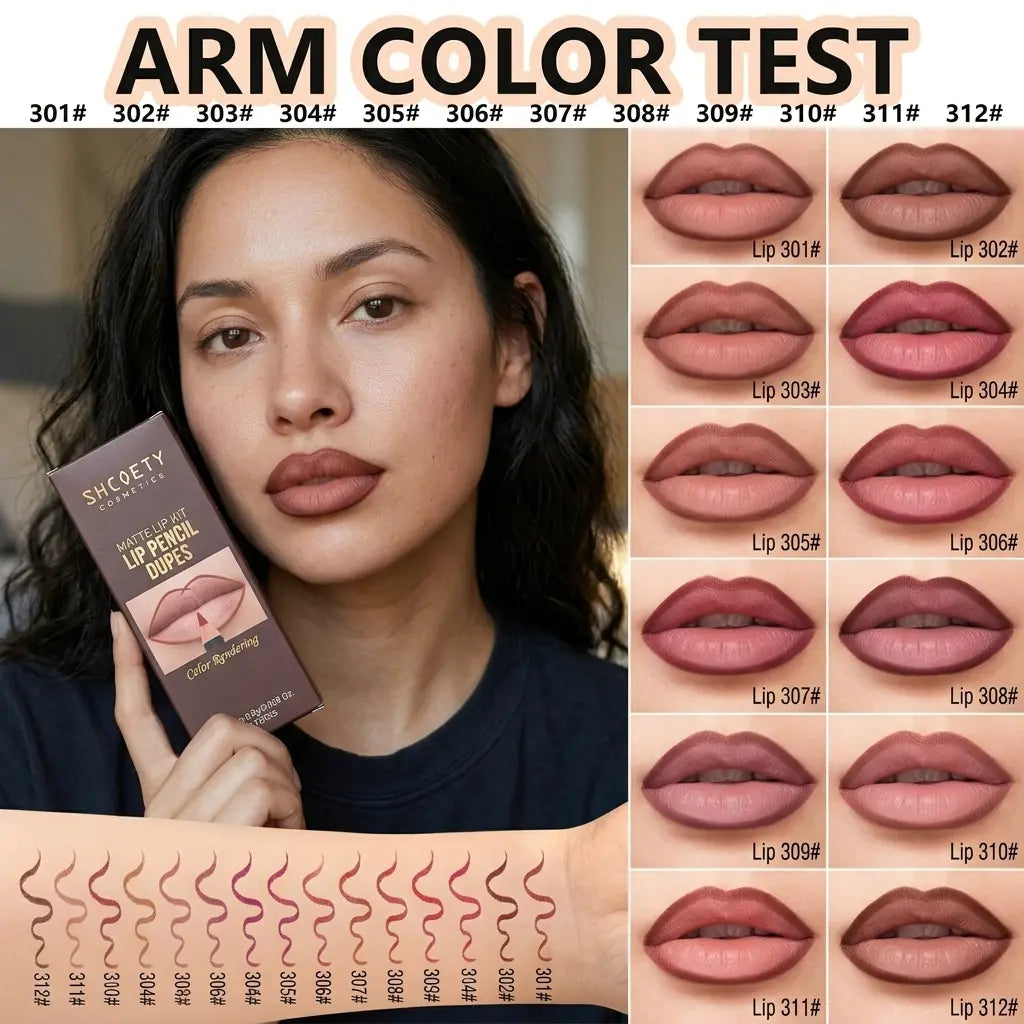 12-Shade Precision Ombré Lip Liner Set Waterproof Smudge-Proof Transfer-Proof Ultra Creamy Matte Lip Pencil Pack with Shade Formula Guide - 3D Plumping Lip Contour Combo for Dark Skin & All Skin Tones - Nude Mauve Brown Makeup Gift