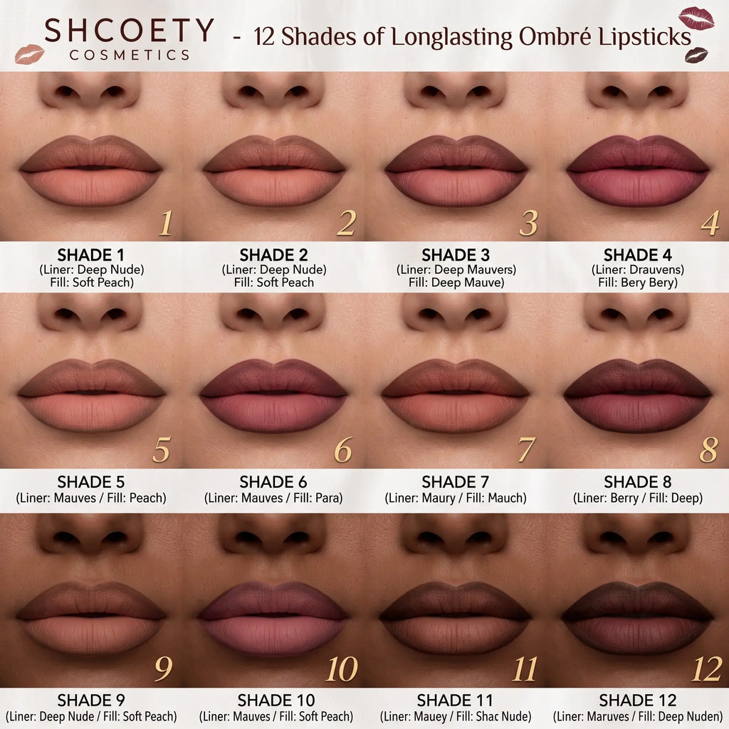 12-Shade Precision Ombré Lip Liner Set Waterproof Smudge-Proof Transfer-Proof Ultra Creamy Matte Lip Pencil Pack with Shade Formula Guide - 3D Plumping Lip Contour Combo for Dark Skin & All Skin Tones - Nude Mauve Brown Makeup Gift