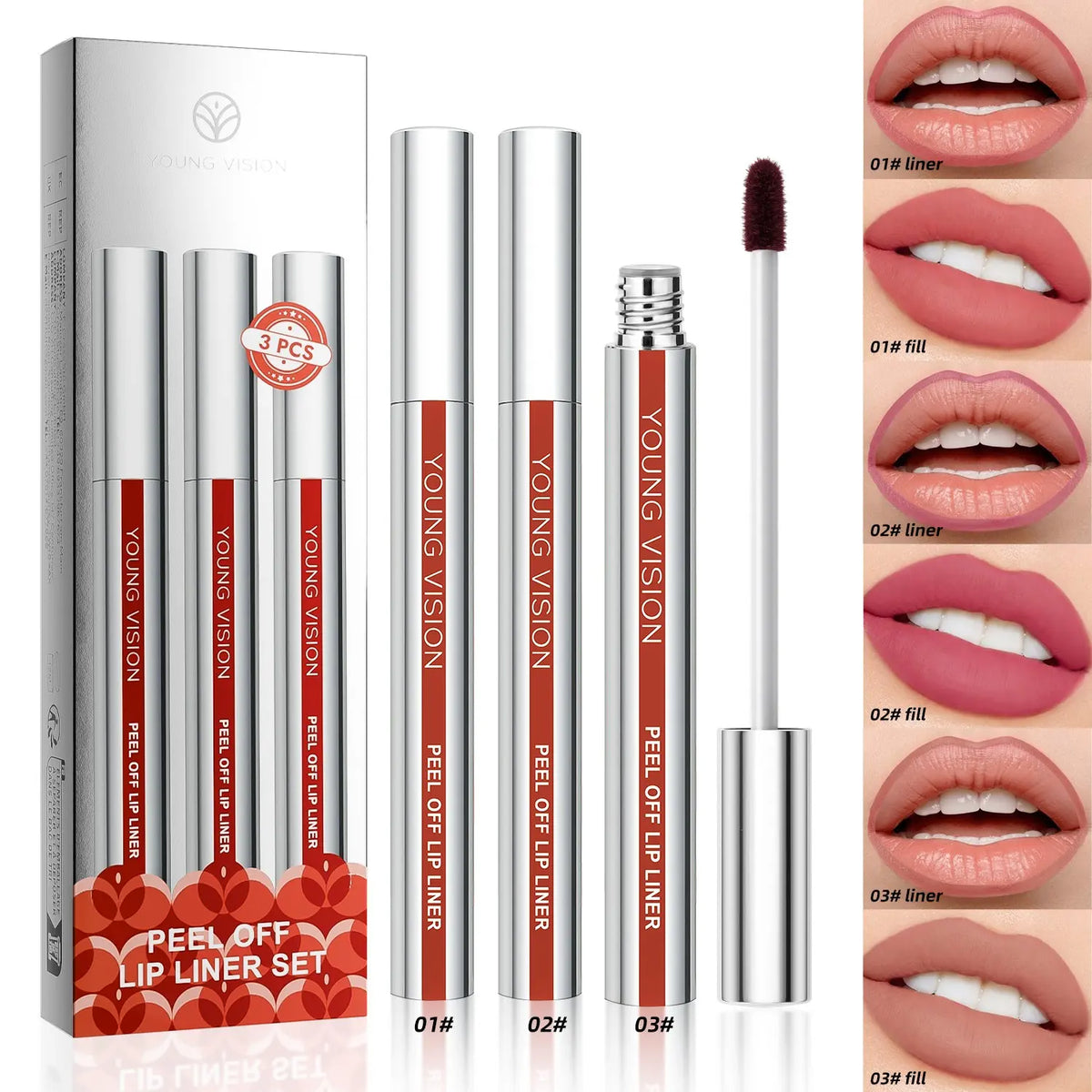YOUNG VISION Lip Liner Set, 3-Piece Peel-Off Lipstick, New Formula Upgrade, Matte Finish, Long-Lasting, Non-Fading, Perfect for Daily Use
