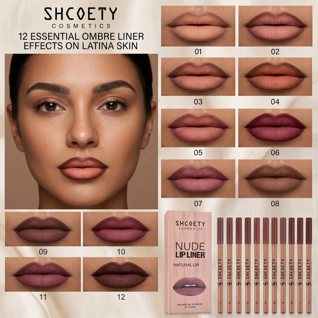 12-Shade Precision Ombré Lip Liner Set Waterproof Smudge-Proof Transfer-Proof Ultra Creamy Matte Lip Pencil Pack with Shade Formula Guide - 3D Plumping Lip Contour Combo for Dark Skin & All Skin Tones - Nude Mauve Brown Makeup Gift