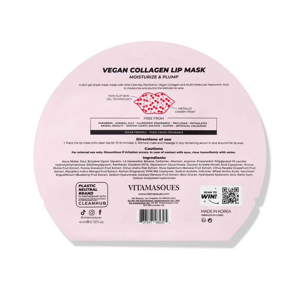 Vitamasques Cherry Vegan Collagen Lip Mask, Moisturize & Plump, One Patch