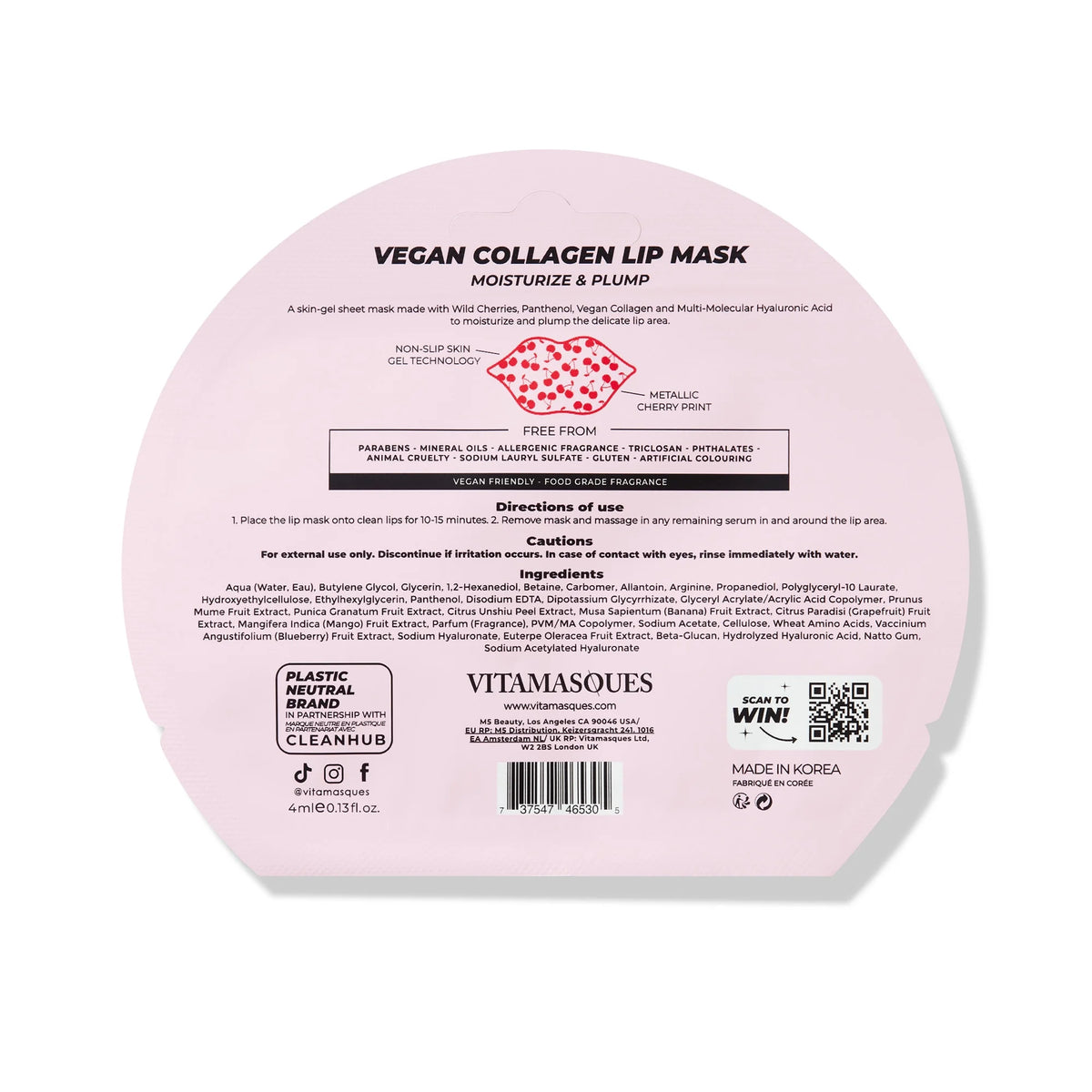 Vitamasques Cherry Vegan Collagen Lip Mask, Moisturize & Plump, One Patch